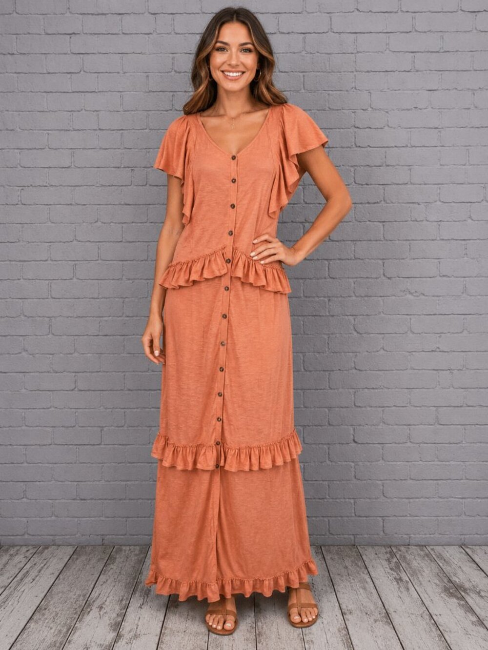 Express Orange Tiered Ruffled Button Front Maxi Dress